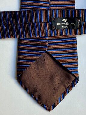 ETRO Milano navy & brown coloured horizontal stripes silk tie made in Italy 🇮🇹